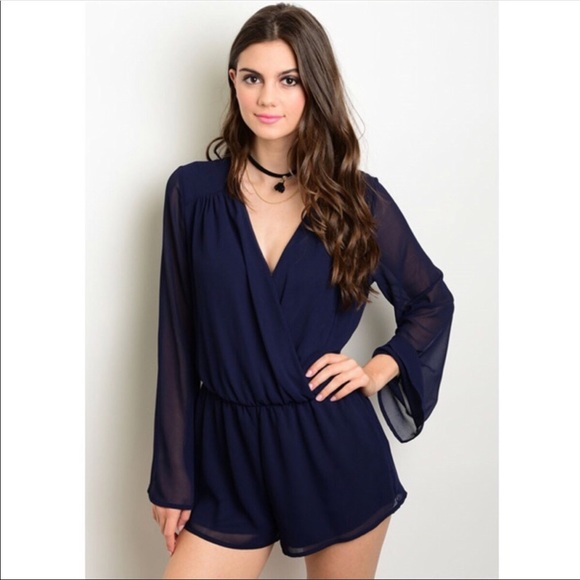 Pants - Navy Romper With Sheer Long Sleeves